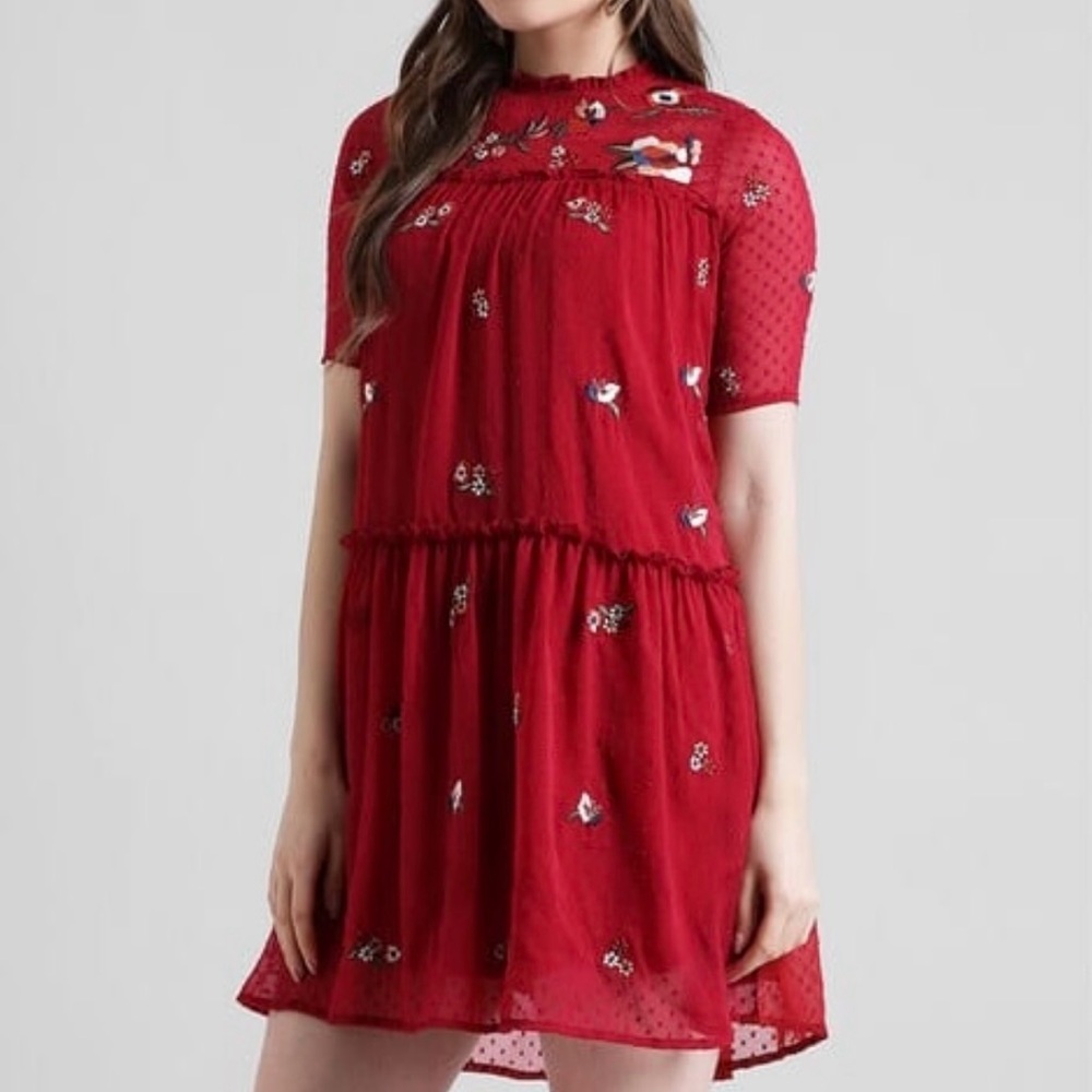 zink London Women Dress Small Size Textured A Line Tiered Red Floral Embroidery